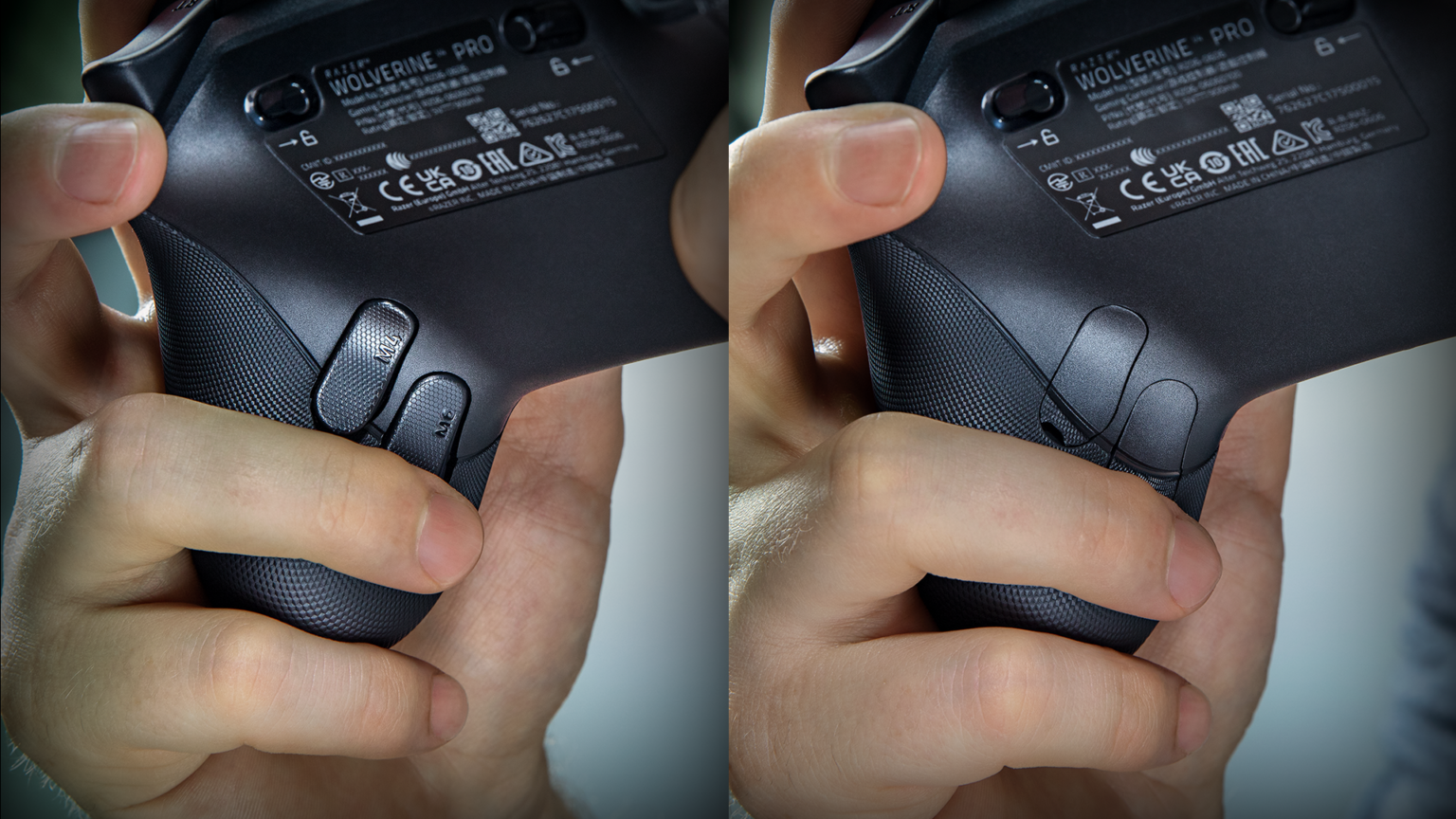 A close-up of the Wolverine V4 Pro's magnetic, toolless swappable back buttons. Image: Razer.